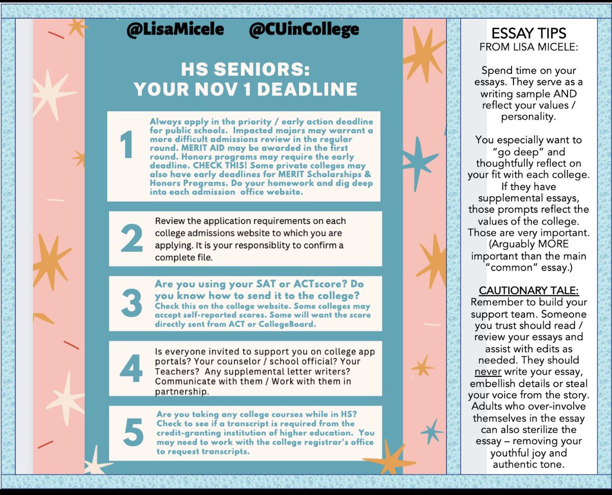 Thinking of all the HS Seniors out there facing their early rounds of college applications. Here are my tips and friendly reminders to help you. I’m lifting you up!  #YouGotThis #ClassOf2023 #CollegeApplications