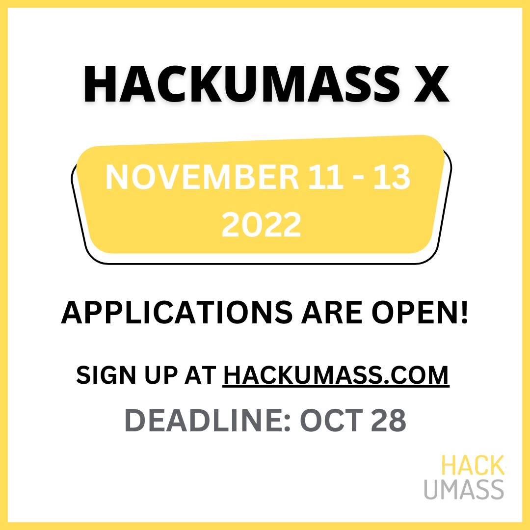 Registration for HackUMass X is finally open!!! 🙌 The hackathon will take place on November 11th to November 13th. The deadline to sign up is October 28th! Link to the hackumass website is in our bio. We are excited to see you all there! 🎉 #hackumass #hackumassx #hackathon
