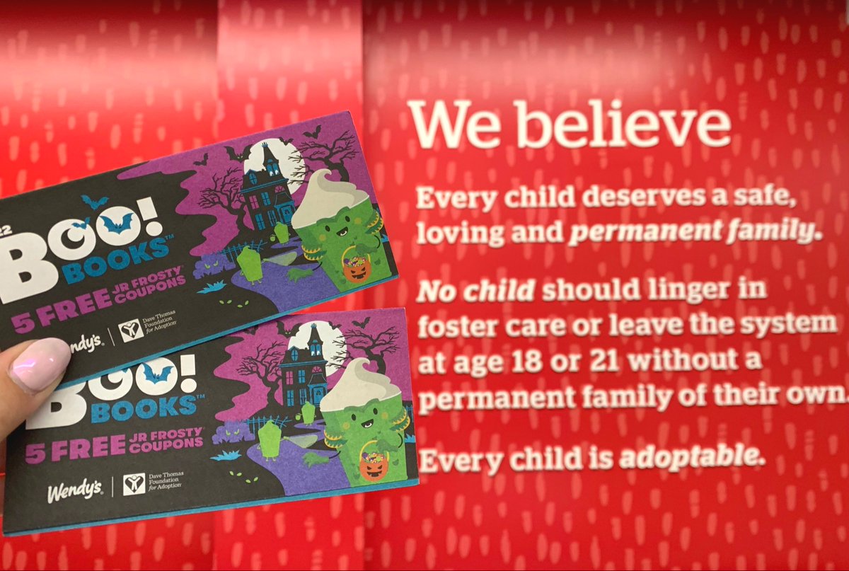 We are thankful to be <a href="/Wendys/">Wendy’s</a> charity of choice and for their support of our mission through the annual Boo! Books campaign. 85% of each book sold helps find forever families for children lingering in #FosterCare. 

Learn more: davethomasfoundation.org/boobooks2022