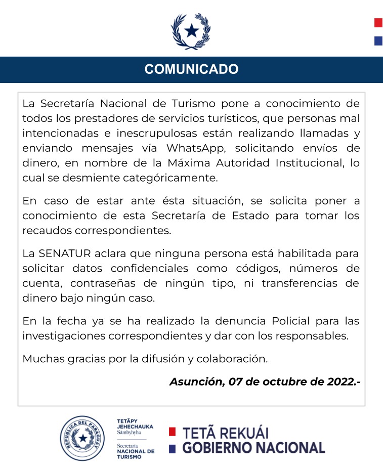 Senatur_Py's tweet photo. 📌⚠️‼️ Comunicado a todos los prestadores de servicios turísticos y ciudadanía en general: https://t.co/VfIXoeMwqd