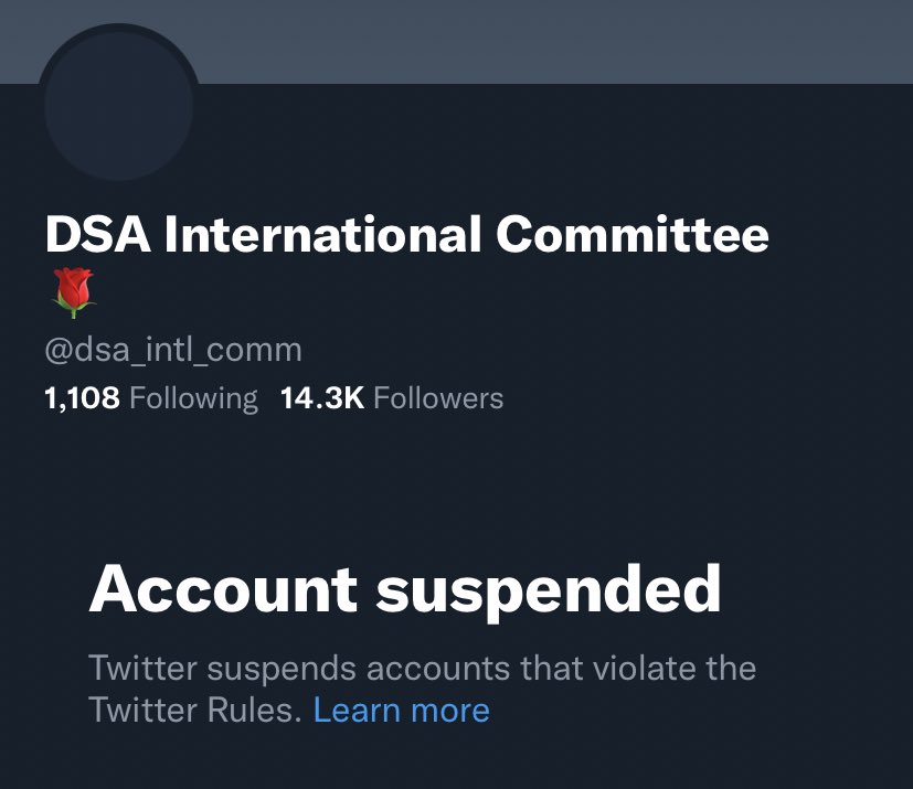 Twitter has officially suspended the account of our comrades in the International Committee. This is yet another attempt by the platform to silence socialist voices who speak out against U.S. imperialism. 

@Twitter - reinstate the account.