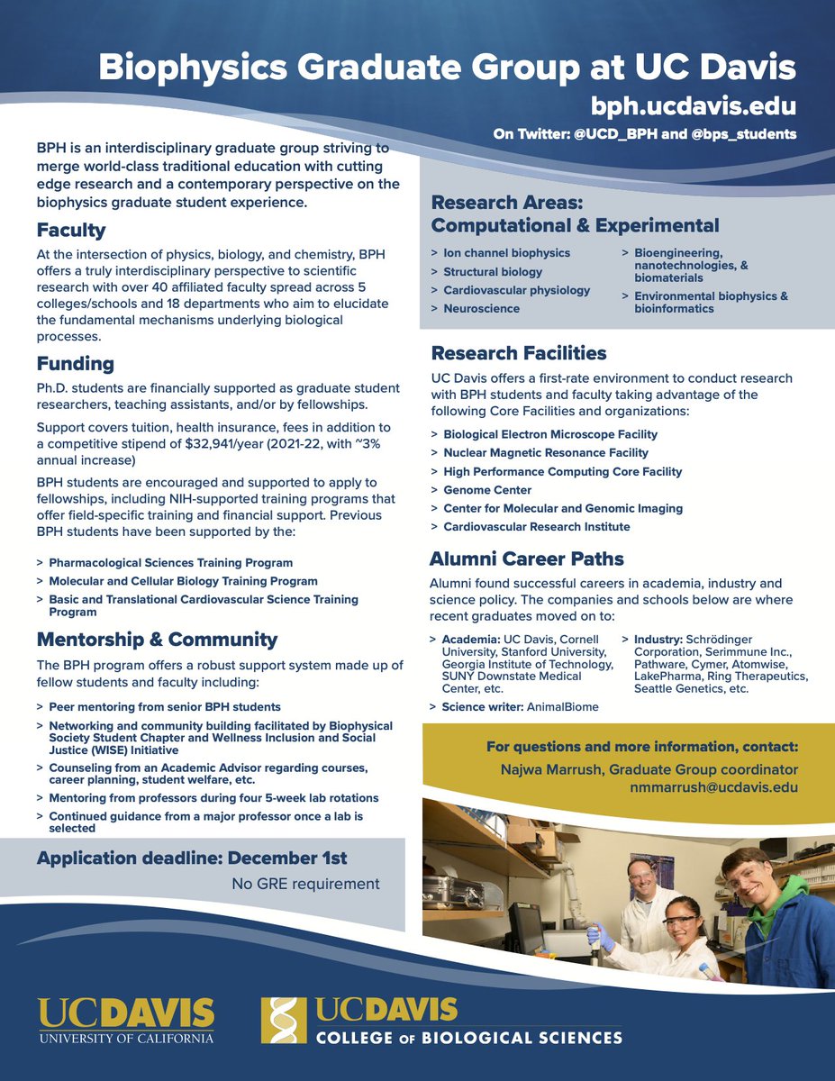 Prospective graduate students - check out our PhD program in Biophysics <a href="/UCD_BPH/">UCD Biophysics</a>! We offer world-class education and training, cutting edge research, and a contemporary perspective on student experience. No GRE. Applications due Dec 1st!
