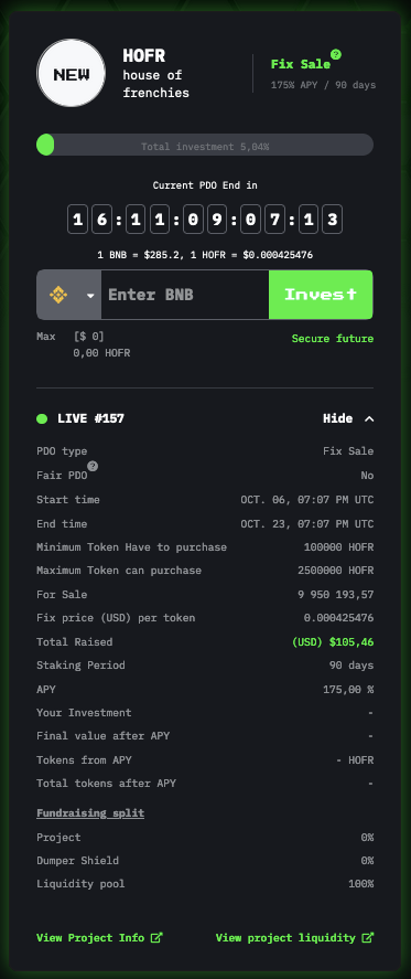 frenchiesdog's tweet photo. gm #frenchies!🐶 Hope you are all having a great Saturday! Tell your friends about our @PDOFinance Pools. It is a great $HOFR Deal you are getting... buying $HOFR without slippage and with 175% APY $HOFR rewards! 
#memecoin 
#BNB
#DeFi 
#100xgem https://t.co/c2uN68nSzV