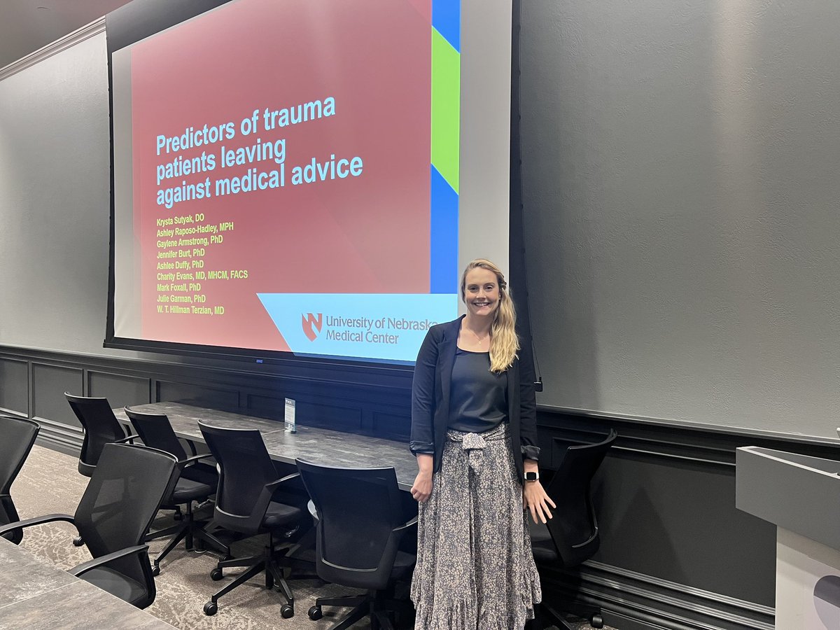 Dr. Krysta Sutyak presenting at the Nebraska Committee on Trauma meeting about predictors of AMA discharge. Looking at independent risk factors identified in our trauma registry to work to prevent incidence of leaving AMA. @acsTrauma @UNMC_ACS @HillmanTerzian @KrystaSutyak