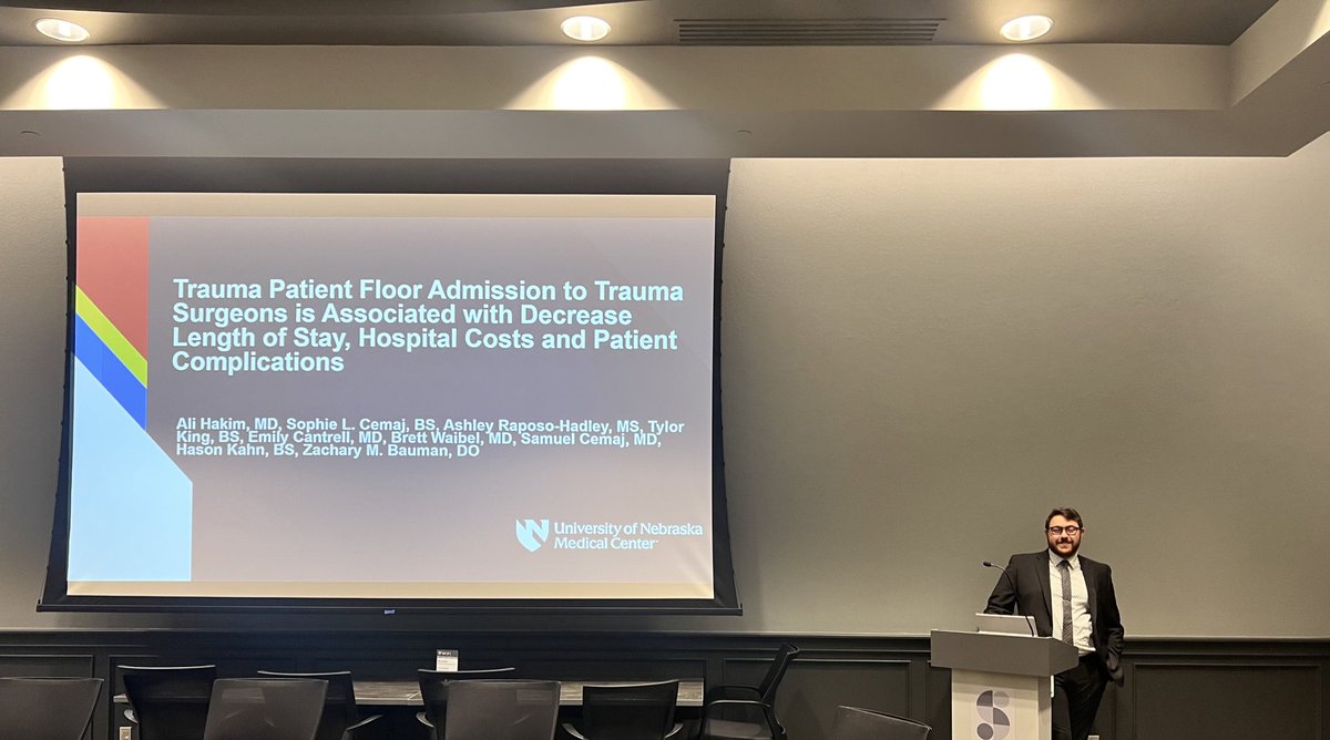 Dr. Ali Hakim at the Nebraska Committee on Trauma meeting presenting on outcomes of trauma patients admitted to trauma teams versus non trauma teams. Highlights: decreased LOS, costs, and complication rates. @UNMC_ACS @alihakim2 @acsTrauma
