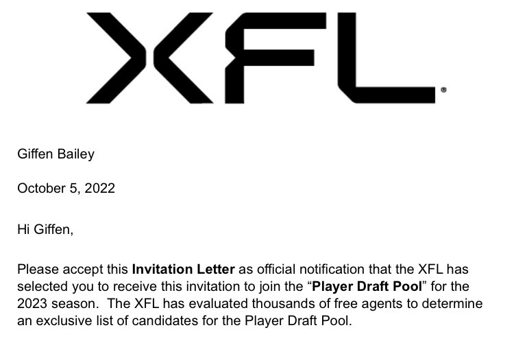 ThatGuyBailey01's tweet photo. Excited to say I’ve accepted an invite into the @XFL2023 player draft pool! It’s a bad day to be a football! #XFL @NickGatto @Naidoolawfirm https://t.co/upZQ9YDvBr