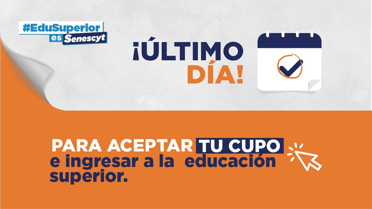 EduSuperiorEc's tweet photo. 👉 HOY es el último día para aceptar el cupo 👈.
 
Sigue estos pasos: 

✅ Ingresa en: https://t.co/BJBACZybO0
✅ Si se te asignó un cupo, acéptalo.
✅ Contáctate con la institución elegida por ti para iniciar el proceso de matrícula. https://t.co/OntIA9XFaf