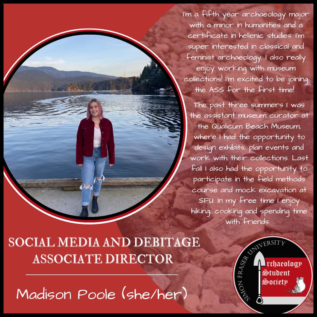 SFU_ASS's tweet photo. We are excited to introduce Nikki Simon as our returning Social Media and Debitage Director, and Madison Poole as our Social Media and Debitage Associate Director! https://t.co/CQSSTY08pA