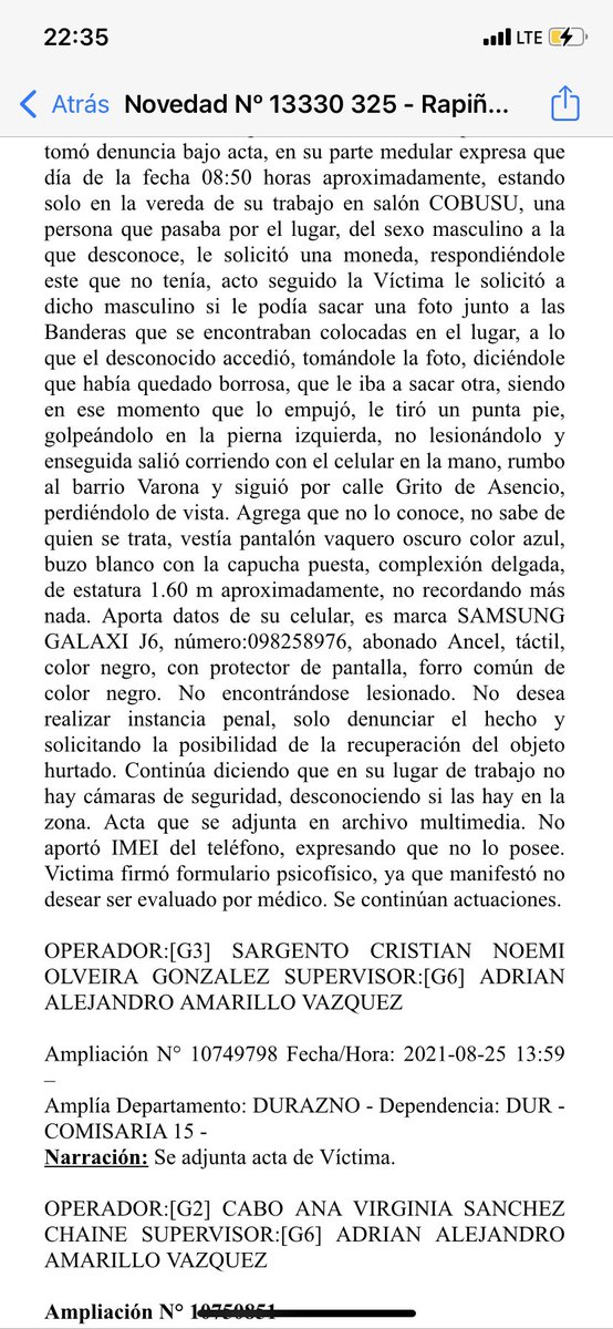 Gabrielhpereyra's tweet photo. Último ejemplo del día de cómo en Durazno se maquillan delitos. Le hurtan el celular y le dan una patada. Hurto con violencia es rapiña. Pero dejemos la patada de lado, sería hurto. Pues bien, la Policía ni siquiera pone hurto sino apropiación indebida, que es otra cosa: (sigue) https://t.co/ETeLPse52d
