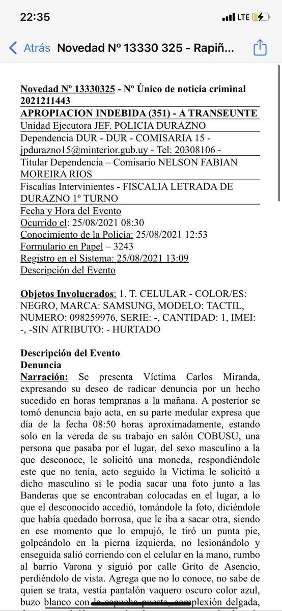 Gabrielhpereyra's tweet photo. Último ejemplo del día de cómo en Durazno se maquillan delitos. Le hurtan el celular y le dan una patada. Hurto con violencia es rapiña. Pero dejemos la patada de lado, sería hurto. Pues bien, la Policía ni siquiera pone hurto sino apropiación indebida, que es otra cosa: (sigue) https://t.co/ETeLPse52d