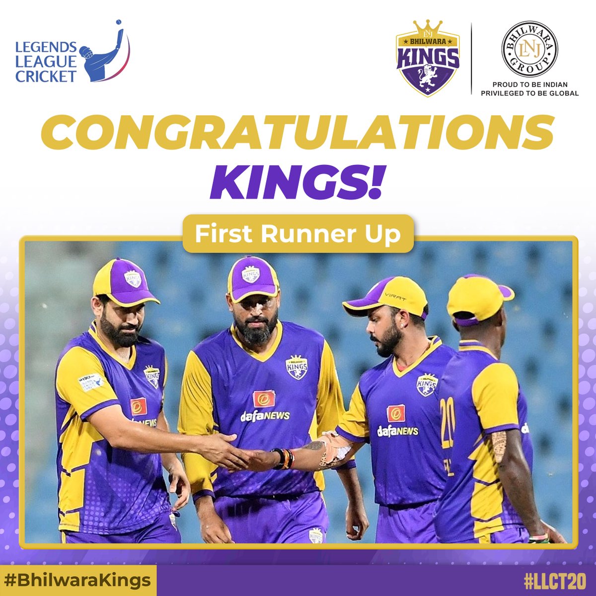 lnjbhilwara's tweet photo. Thank You for a wonderful season 2, showing up in every match with full power - playing beautifully each time. 

#BhilwaraKings - Fir Khelenge Samrat!
Keep Shining. Keep Winning. 

#bossgame #legendsleaguecricket @llct20 https://t.co/qdFL9qUxMz