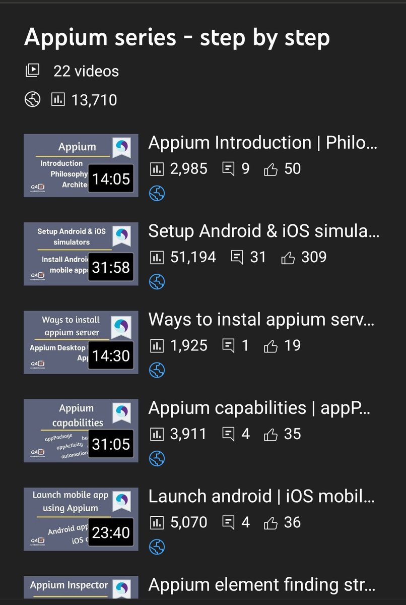 qavalidation's tweet image. Appium java series - step by step:
Automate the mobile apos for android and ios devices.
Basics to advanced.
#qavbox #qavalidation #Appium  #java #mobiletesting  #automationtesting 
Subscribe n share, stay tuned for more topics. youtube.com/playlist?list=…