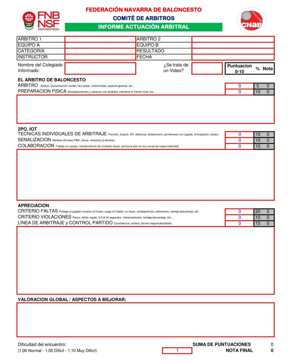 ¿SABÍAS QUE...
A los árbitros navarros se les valora su actuación en distintos partidos a lo largo de la temporada? 
La temporada pasada se realizaron más de 💯 Informes de Actuación Arbitral 🔝🧐
📝⏱️⏰🏀🖤 #TercerEquipo #InformeArbitral 
#Arbitros #Baloncesto #RefereeLife #CNaB