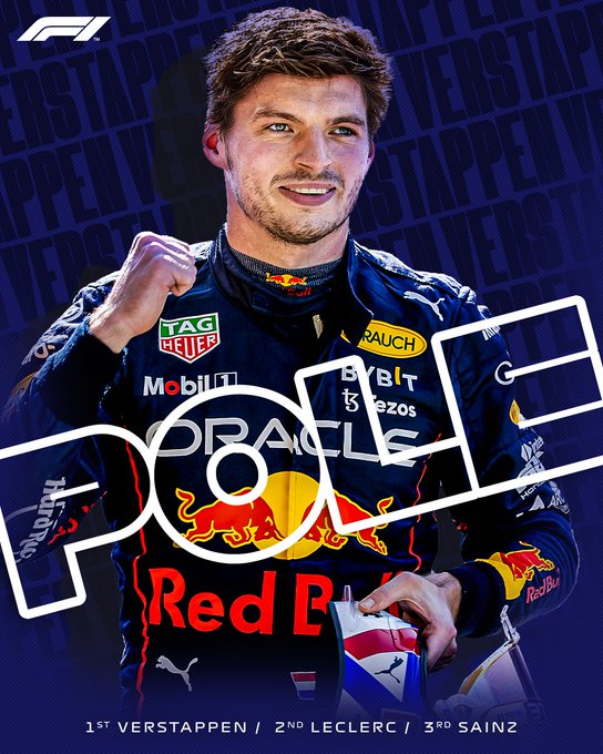 A graphic in the colours of Red Bull, with a smiling Max Verstappen in the centre clenching his first in celebration. The word 'POLE' is overlaid on top, with the names of Max Verstappen (P1), Charles Leclerc (P2) and Carlos Sainz (P3) at the bottom.