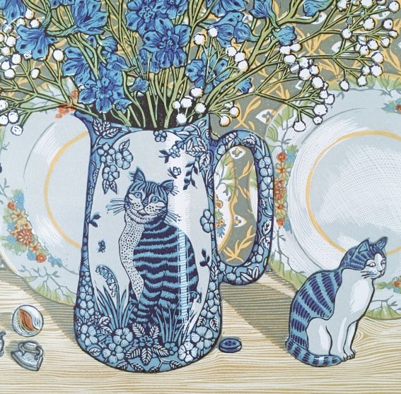 womensart1's tweet image. 'The Blue Cat Jug' linocut by contemporary printmaker Vanessa Lubach #WomensArt