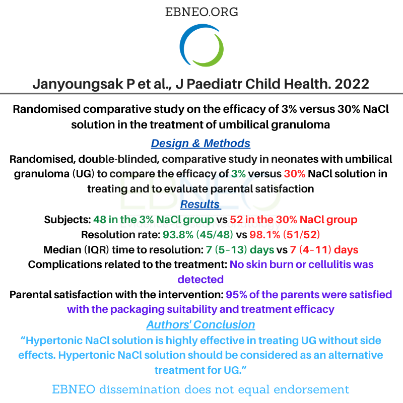 Is hypertonic NaCl solution with a concentration of 3% or 30% highly effective in treating umbilical granuloma and does it lead to satisfaction by the parents? Janyoungsak P et al. conducted a study in J Paediatr Child Health. onlinelibrary.wiley.com/doi/10.1111/jp… #EBNeoAlerts #NeoEBM