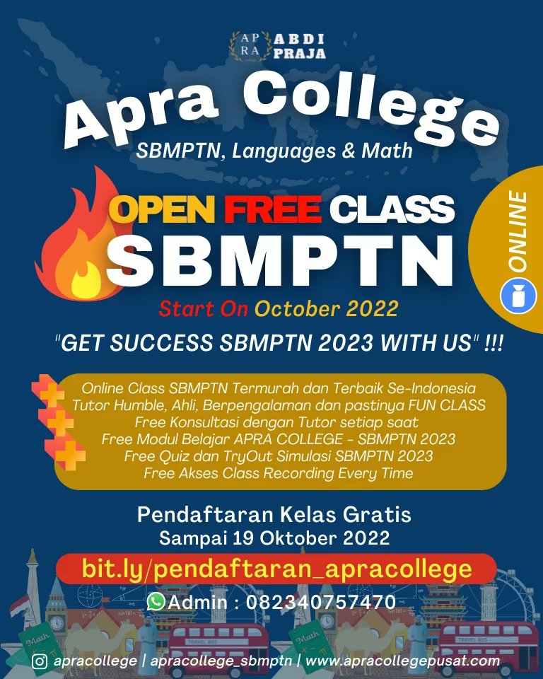 msatrior1's tweet photo. Kelas Online Gratis Persiapan SBMPTN 2023 bersama Apra College Bimbel Nomor 1 di Indonesia. Daftar Sekarang  https://t.co/UGoJGyWYe5 

#bimbel #apracollege #sbmptn #snmptn #ptn #kuliah #beasiswa #maulidnabi #ui #ugm #kedinasan #MaulidNabi1444H #uin #mataram  #StrayKidsComeback https://t.co/xODd4ug6tY