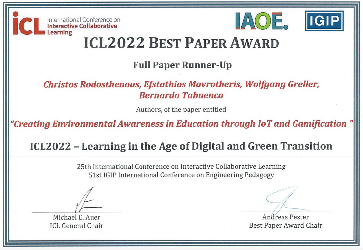 Our work titled "Creating Environmental Awareness in Education through IoT and Gamification" has received a Best Paper Award (Full Paper Runner-UP) at the #ICL2022 conference. Congratulations goes to the <a href="/eu_teaspils/">TEASPILS</a> team. Stathis Mavrotheris <a href="/bernardtabuenca/">Bernardo Tabuenca</a> <a href="/wgreller/">Wolfgang Greller</a>