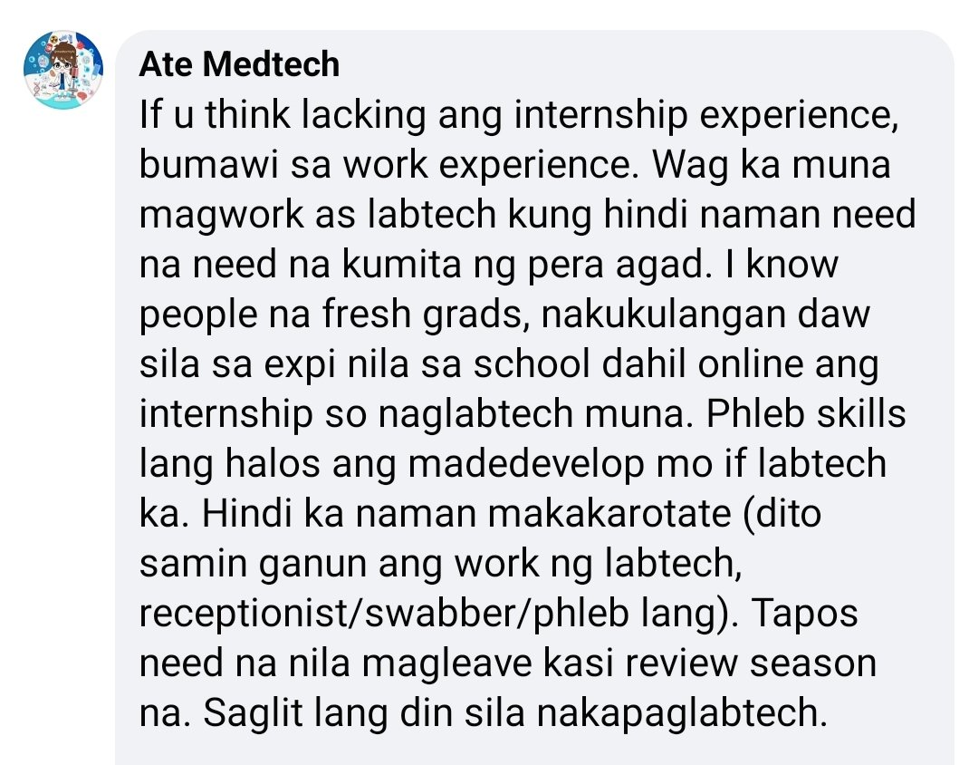 medtechlyfe's tweet photo. Dilemma: gusto mag-abroad in the future pero kabado dahil lacking ang internship kasi online lang, baka daw walang tumanggap sa kanya. Gusto magwork as labtech muna while reviewing for boards para daw magkaexperience.

ANG SAGOT: https://t.co/JHhXzoTuaX