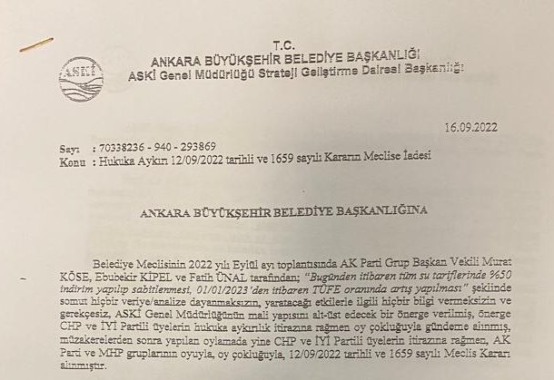 Ankara Büyükşehir Belediye Başkanı CHP’li Mansur Yavaş, Ankara Büyükşehir Belediye Meclisi’nin Ankara'da tüm su tarifelerine % 50 indirim getiren kararını veto etmiş.