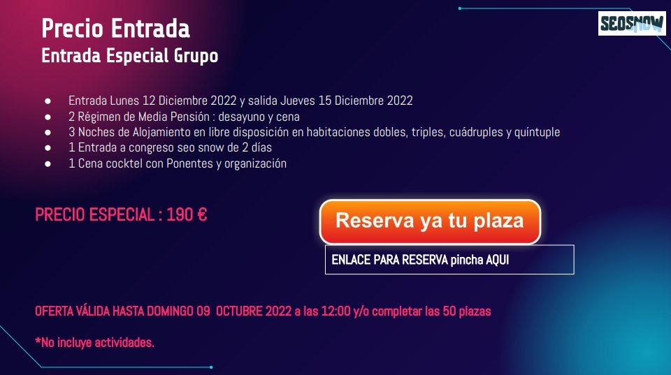 SeoSnow1's tweet photo. 🔴 CONCURSO 🔴
Gana el Pack Premium al evento #SEOSNOW 13 y 14 Dcmbr

👉Q contiene?
-3 días de alojamiento en Sierra Nevada
-Régimen de media pensión
-Entrada al congreso con acceso a la cena cóctel

👉Q hay que hacer?
-Seguirnos
-Comenta por q quieres venir al evento
-Hacer RT https://t.co/sINeOgwbsm