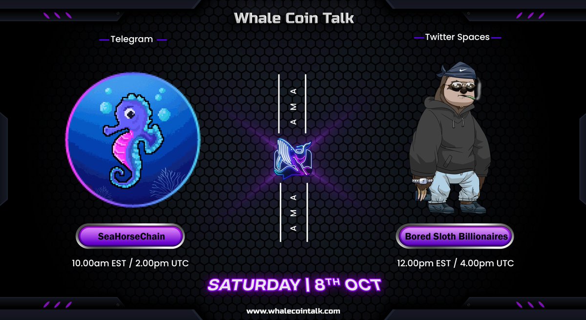 AMA ANNOUNCEMENT 📢

➡️ Join: t.me/whalecointalk
➡️ Follow: <a href="/whalecointalk/">Whale Coin Talk</a>
🏦 Join our TG AMA with <a href="/SeahorseChain/">SeahorseChain</a> &amp; Twitter space with @BoredSlothNFT.

Don’t miss out!

Verify team <a href="/whalecointalk/">Whale Coin Talk</a> |🐋 linktr.ee/officialwhalec…