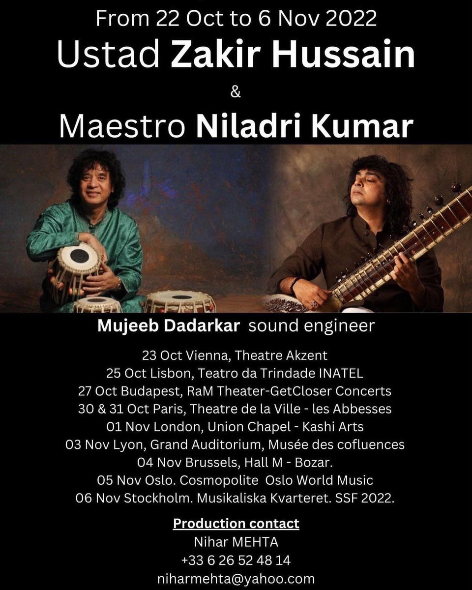 Étoiles de la musique indienne, les maîtres légendaires @ZakirHtabla @niladri_kumar seront en concert le 3 Nov à @villedelyon au @mdc_confluences avec le soutien @IndiaembFrance @JawedAshraf5 tournée européen organisé par @tablaineurope info museedesconfluences.fr