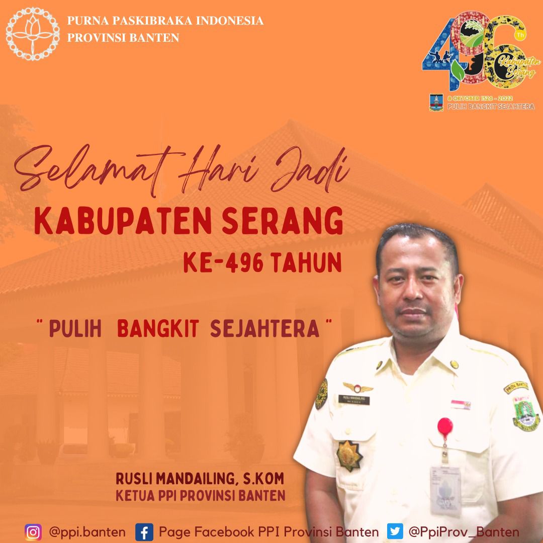 PpiProv_Banten's tweet photo. Purna Paskibraka Indonesia Provinsi Banten mengucapkan Selamat Hari Jadi Kabupaten Serang ke - 496 Tahun

Pulih, Bangkit, Sejahtera

#PPIBANTEN #PPIProvBanten https://t.co/TYoWTmklQN