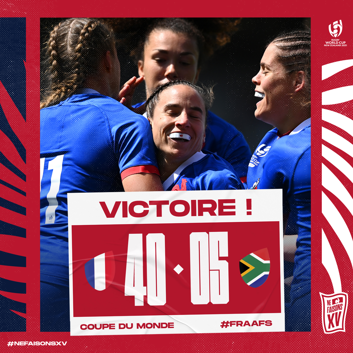 🇫🇷🇿🇦 𝐔𝐍𝐄 𝐁𝐄𝐋𝐋𝐄 𝐄𝐍𝐓𝐑𝐄́𝐄 𝐄𝐍 𝐌𝐀𝐓𝐈𝐄̀𝐑𝐄 ! Les Bleues s'imposent dans ce match d'ouverture de la Coupe du Monde ! Bravo les filles ! 👏 #FRAAFS #XVdeFrance #NeFaisonsXV #RWC2021