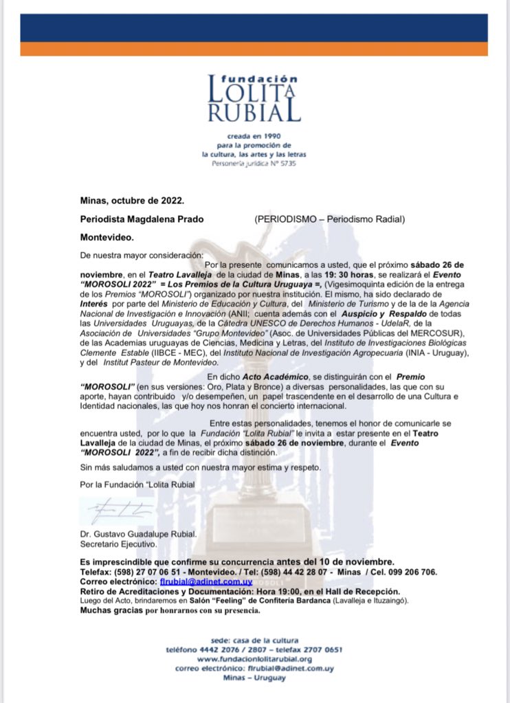Hoy es un día especialmente feliz.
La Fundación Lolita Rubial me comunicó que en noviembre recibiré el Premio Morosoli por mi trabajo en <a href="/RadioSarandi690/">Sarandí 690</a>. 
¡Qué honor!