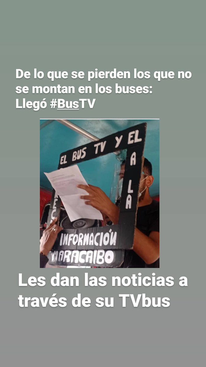 ElioRios12's tweet photo. Solo en Maracaibo  Un noticiario de bus en bus: #BusTV 
Les leen las noticias a las usuarias y los usuarios a través del  #TVBUS 
Reporta @BrevesdelZulia #Tubazo 
@elarcangeljhon 
@leonmagnom 
@DelVillarCR 
@EdixonChourio4 https://t.co/EFbSx1YZMq