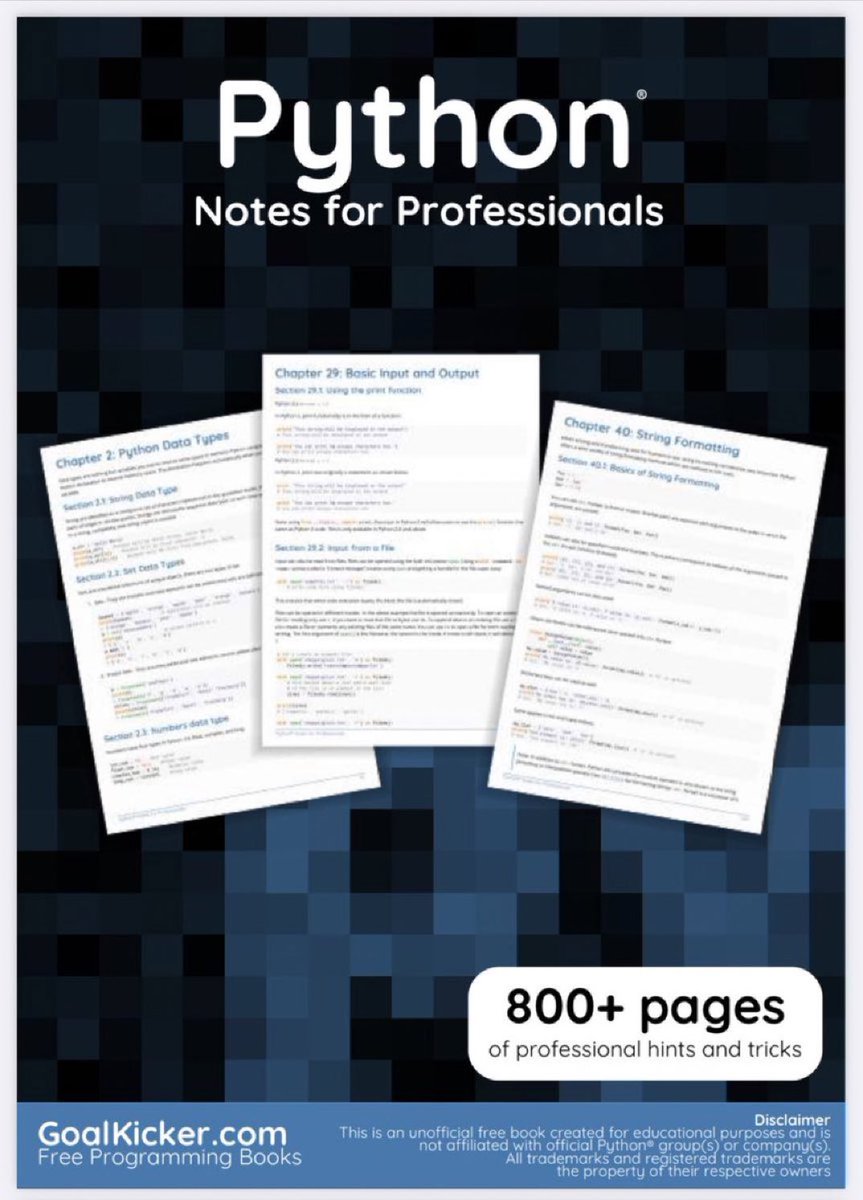 KirkDBorne's tweet photo. FREE downloadable PDF eBooks, including this 856-page book >> #Python Notes for Professionals, with code snippets, hints &amp; tricks: https://t.co/1WqMk3BTWy
————
#Coding #PyDev #Developers #BigData #DataScientists #MachineLearning #AI #DataScience #100DaysOfCode https://t.co/dySM3Z85lL