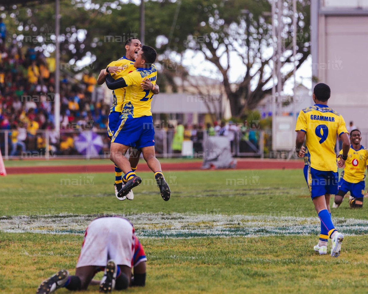 maitvfiji's tweet photo. Suva Grammar U17 players jump for joy following their hard-fought 8-3 win over Marist in the U17 finals.
#deansfinal #fijirugby #winningmoments #fiji #fijinews #TeamFiji https://t.co/dyEyFnKgHH