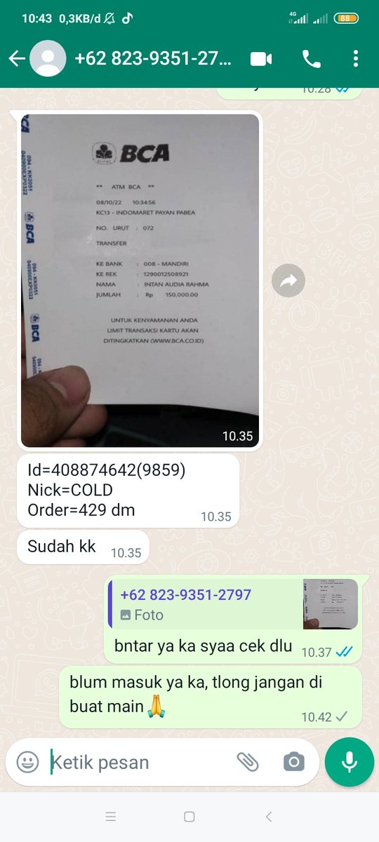 picyyolo's tweet image. HELP RT‼️

INFO‼️HATI² DENGAN NOMOR DI BAWAH KARENA DIA MENGIRIM BUKTI TF PALSU. JADI TOLONG PARA TEMAN BA UNTUK LEBIH TELITI LAGI, DAN CEK MASUK/TIDAKNYA TF DARI CUST. AGAR TIDAK TERTIPU.

ORANG INI MENGGUNAKAN BUKTI TF PALSU, DARI BCA.

#zonauang #zonaba