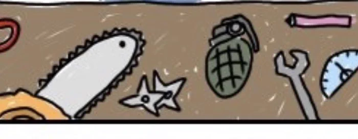 @mumei10101 一旦机の上にひろげられた手榴弾、手裏剣、チェーンソー、ペンチ、分度器、、
選ばれたのは輪ゴム、、 