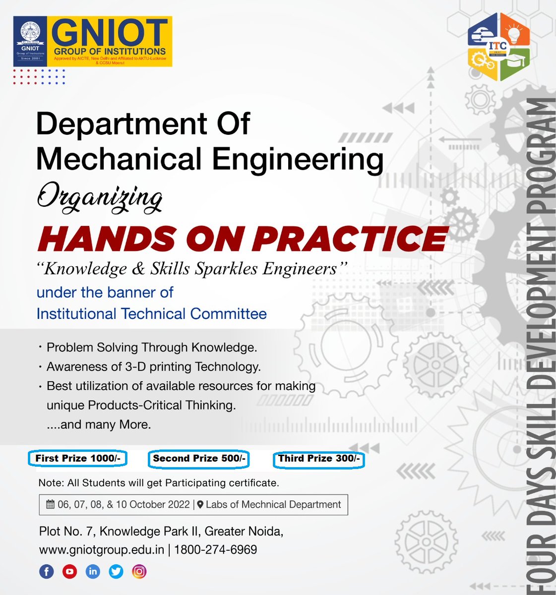 GNIOTCollege's tweet photo. Mechanical Engineering department is organising Four Days skill development program “ HANDS ON PRACTICE “ to enhance the practical knowledge and skills of Mechanical Engineering students.
#MechanicalEngineering #HANDSONPRACTICE #FourDaysSkillDevelopmentProgram #GNIOT #College https://t.co/VALuGiD6oa
