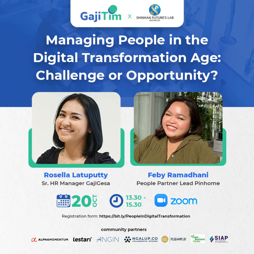 Yuk, daftar webinar "Managing People in the Digital Transformation Age: Challenge or Opportunity? " yang diadakan GajiTim dan Shinhan Future's Labs Indonesia pada Kamis, 20 Oktober mendatang!

Kunjungi bit.ly/PeopleinDigita…