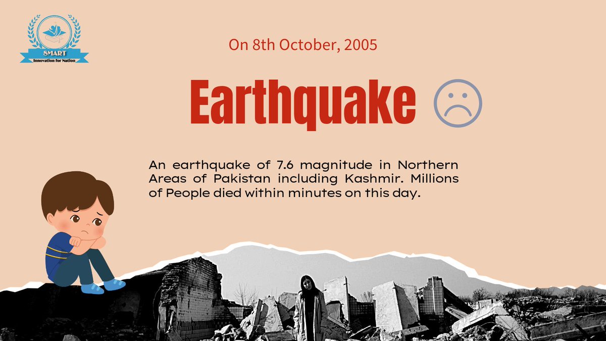 SMARTOfficial12's tweet photo. An unforgettable and irreplaceable day of our lives when we lost so many loved ones to a natural calamity on this date at 8:52:39 a.m.
May Allah forgive all the deceased and give patience to the family members.
#SMART
#InnovationForNation
#Earthquake
#8Oct2005 https://t.co/BDH8ayQi3O