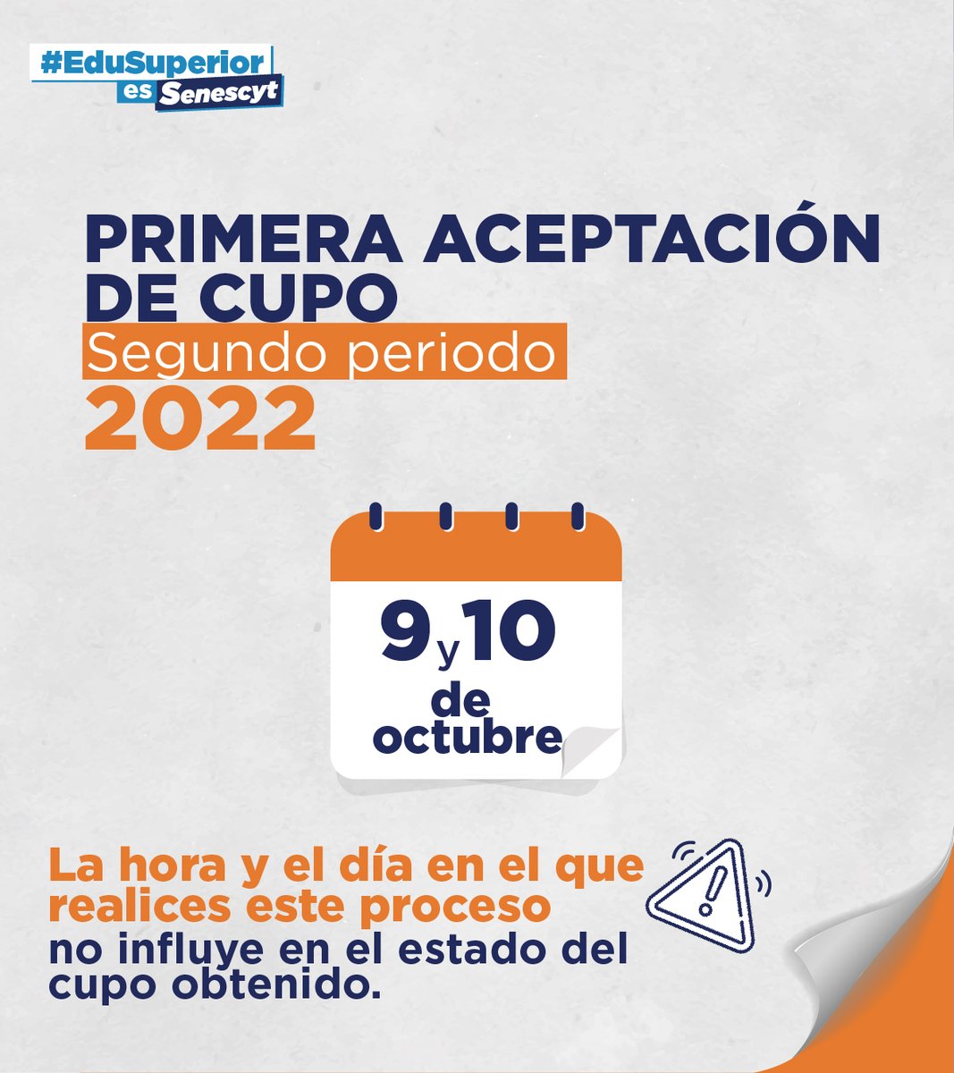 EduSuperiorEc's tweet photo. ¿Postulaste por un cupo a la educación superior? 
 
👇 El 9 y 10 de octubre será la fase de aceptación 👇
 
1⃣ Ingresa en: https://t.co/BJBACZgApq.
2⃣ Si se te asignó un cupo, acéptalo.
3⃣ Contáctate con la institución elegida por ti para realizar la matrícula.

#Admisión2022 https://t.co/tFzvZTSLGs