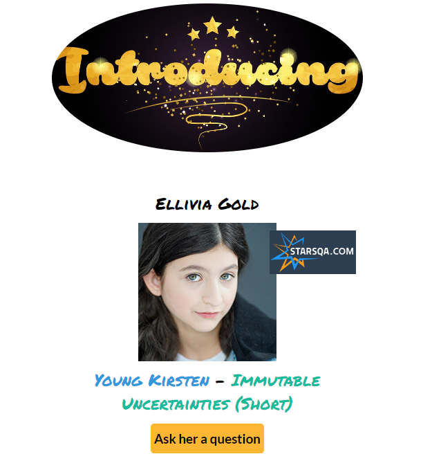 StarsQA's tweet photo. #starsQA
Welcoming our newest star... Ellivia Gold
Ask her a question here:
https://t.co/ukBz7HZBsW
#elliviagold #immutableuncertainties #childactor #younghollywood #actor #industrykids #actorslife #short #tvshow #movie #voiceover https://t.co/OYgzFzeCST