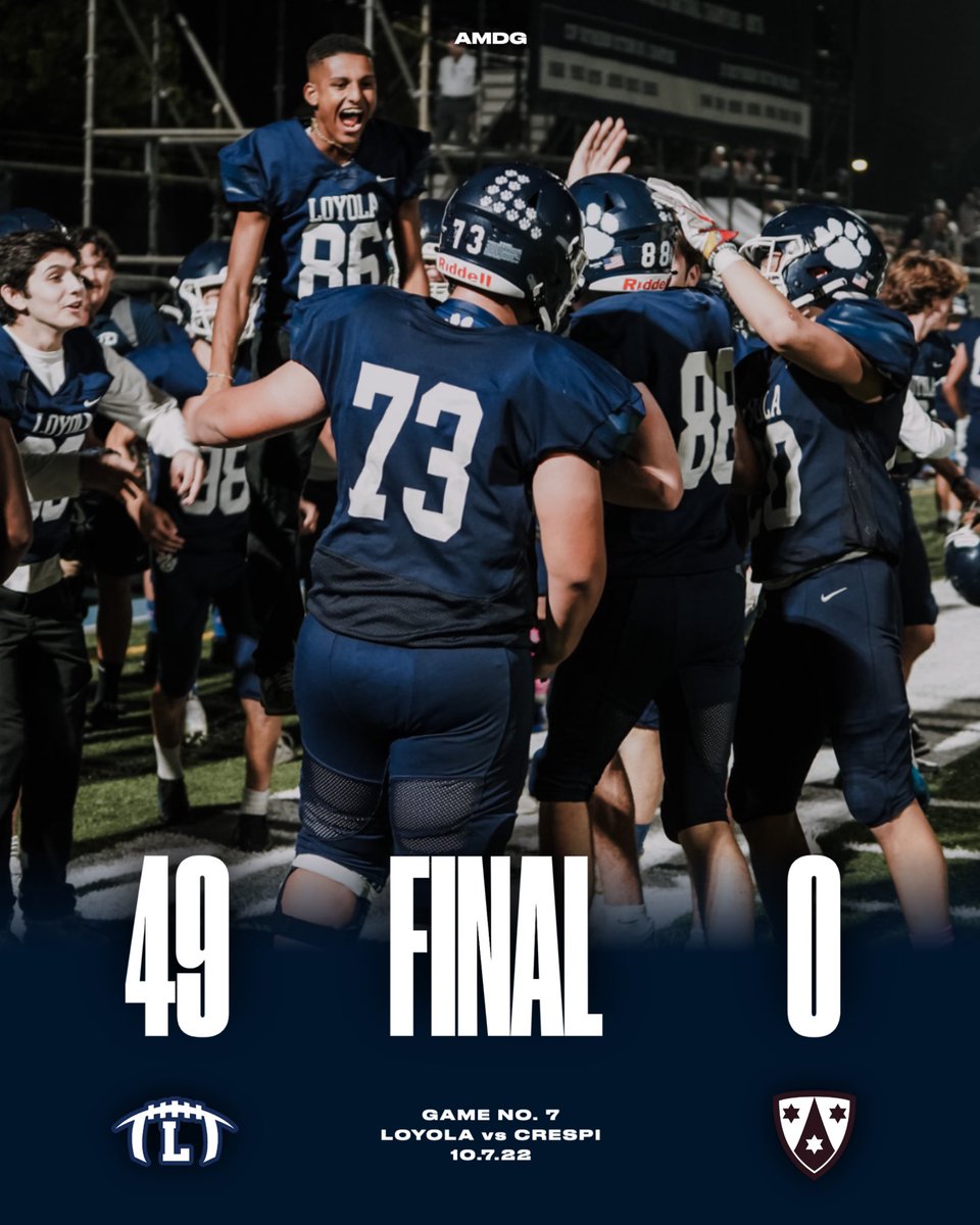 LoyolaFB's tweet photo. FINAL | Loyola 49, Crespi 0

Good to be home! Back-to-back wins to move to 2-0 in league. 

Cubs travel to Antelope Valley College next Friday (Oct. 14) to face Paraclete at 7:30PM. #LoyolaFootball | #AMDG https://t.co/SBahPCSGKI
