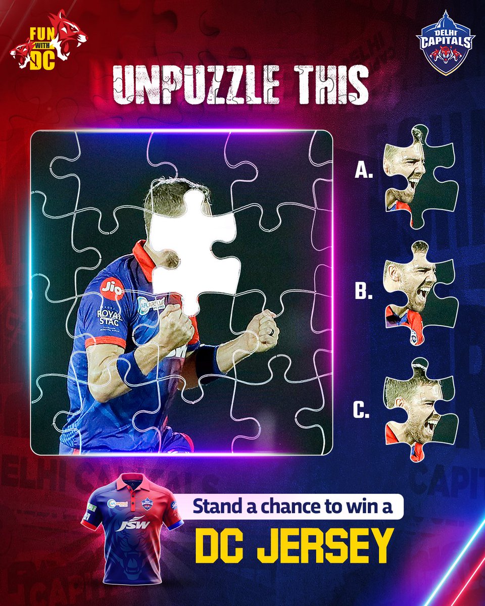 DelhiCapitals's tweet photo. #FunWithDC 🤩

Time for you to complete this @AnrichNortje02 celebration with the correct 🧩❓

The right answer could win you a DC jersey 👕🎁

#YehHaiNayiDilli https://t.co/gVxq5hF5dV
