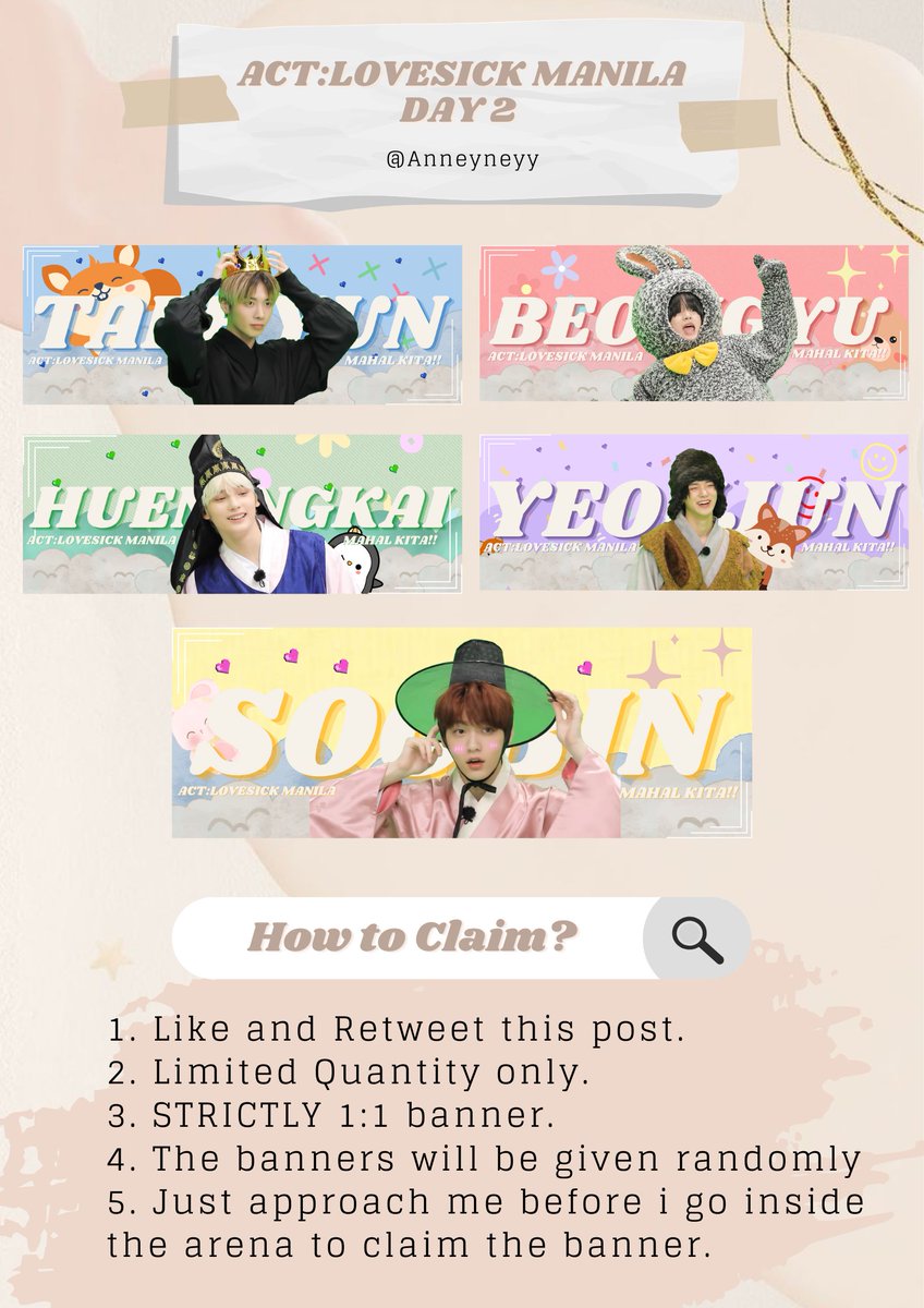 Anneyneyy's tweet image. Hello MOAs~~ I'll be handing out some TXT Hand Banners freebies For Day 2 (October 28). This is open for team con and team labas! ✨

see details below 🥰
Time&amp;amp;Location: TBA on d-day. 

See you!! 💚

#ACTLOVESICKinMANILA #TXTINMANILA #TOMORROW_X_TOGETHER_Manila #TXT