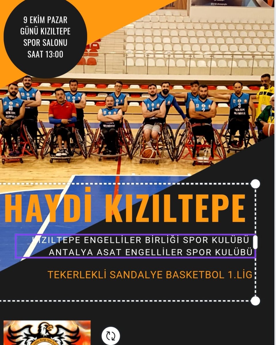 akbaba_izzettin's tweet photo. Pazar günü saat 13:00
Kızıltepe Spor salonu
Kızıltepe Engelliler Birliği SK
Antalya Asat SK
@fatihcidiroglu 
@KenanKosenTR 
@BeytullahBirlik 
@belkiziltepe 
@KiziltepeKymlk https://t.co/JgicGcwcMX