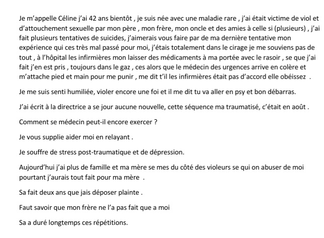 MougelCeline3's tweet photo. Svp je vous demande de lire attentivement et de #rt se médecin doit être virer , et le #chu de #Vouziers #rethel #ardennes doivent poursuivre l'enquête ya surtout je suis handicapés a 80 pour cent .
Coupable d'avoir était violer 😥
#RT #tmp #radio8 @Cyrilhanouna #PleaseHelp 🙏 https://t.co/bxMfNq5d6E