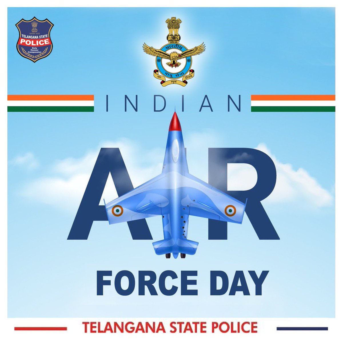 On the 90th Indian Air Force Day, #TelanganaStatePolice salutes all air force personnel for their bravery, compassion, and dedication towards safeguarding our nation.

#AirForceDay