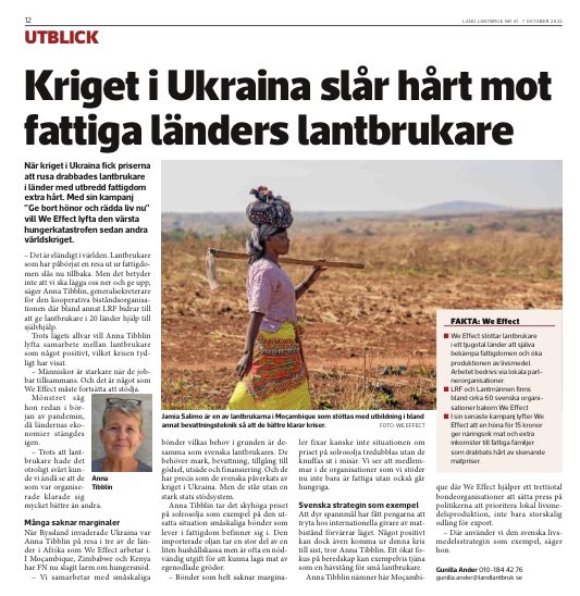 anna_tibblin's tweet photo. Det är mörkt i världen, men det finns positiva effekter - som ökat fokus på bönders livsviktiga arbete - i @weeffect verksamhetsländer och i Sverige. Tack @LandLantbruk för att ni skriver om hur vi kan jobba #starkaretillsammans mot #hunger - för allas rätt till mat. 💚🌍 https://t.co/oZCag00toh