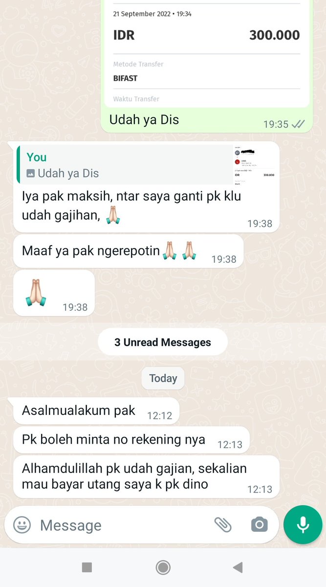 Kalian yg suka minjem duit tp pura2 lupa dan lebih galak harusnya malu nih sama anak lulusan SMK yg baru dapet kerjaan dan gajinya ga seberapa.

Kaget aja, transfer dengan niat ngasih bukan minjemim tp anak ini nepatin janjinya pas gajian. Salut.