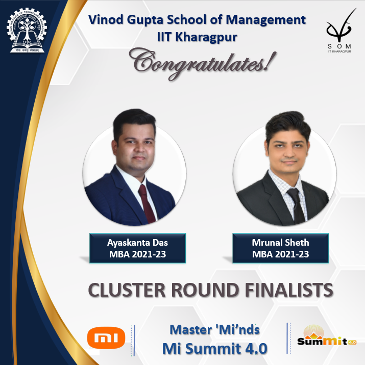 VGSOM_IIT_Kgp's tweet photo. @VGSOM_IIT_Kgp congratulates Ayaskanta Das and Mrunal Sheth for emerging as the MI Cluster Round Finalists (MI Summit 4.0).
@IIT_Kgp
#MIClusterRoundFinalists #MISummit #Achievements #MBA #HomeVGSoM #IITKharagpur #VGSoM https://t.co/OxN57PfjIK