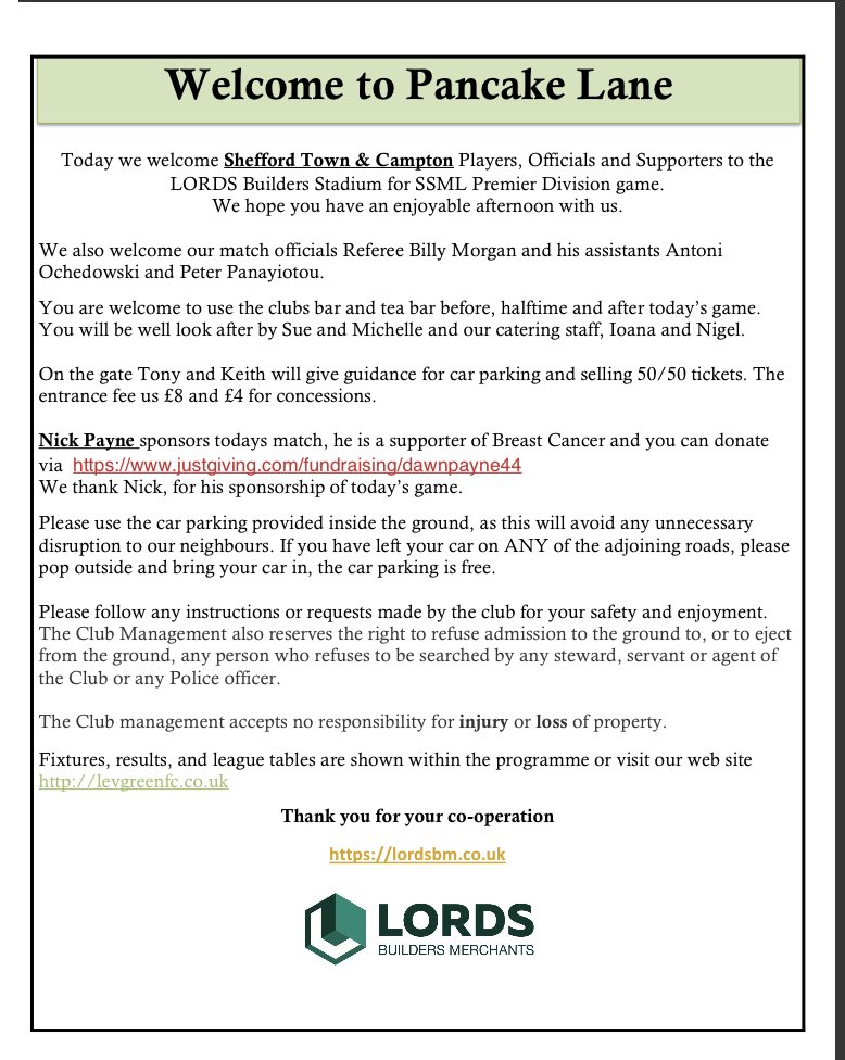 Good luck to <a href="/levgreenfc/">Leverstock Green FC</a> today in their match against <a href="/sheffordcampton/">sheffordtowncampton</a> Todays match ball is sponsored by my bruv <a href="/NickPayne06/">Nick Payne ❤️🌈⭐️</a> over the last 3yrs he’s raised £30k for <a href="/BreastCancerNow/">Breast Cancer Now</a> see the first page of todays programme how you can help too 🙏